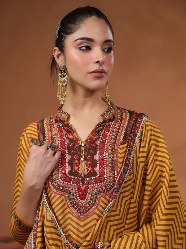 Mustard yellow silk printed kurti set for festive
