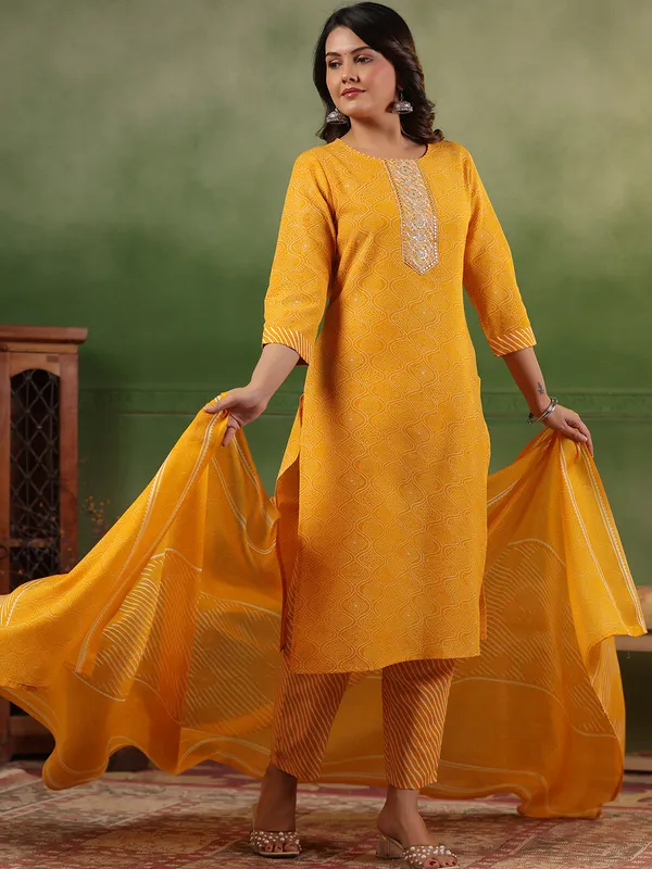 Mustard yellow silk printed kurti set for women