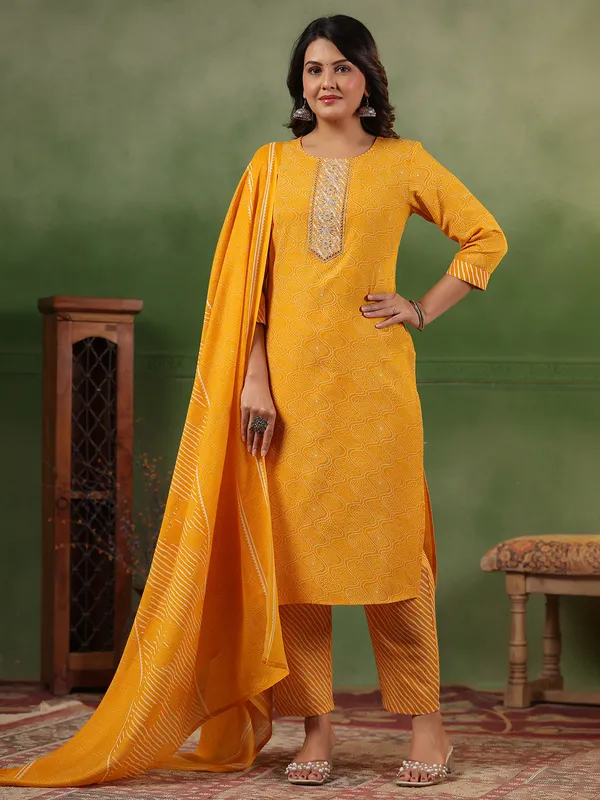 Mustard yellow silk printed kurti set for women