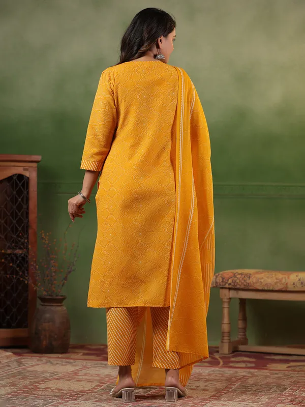 Mustard yellow silk printed kurti set for women