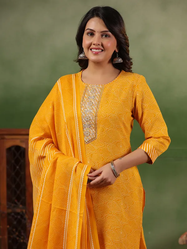 Mustard yellow silk printed kurti set for women