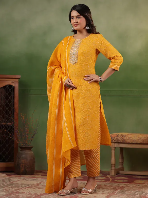 Mustard yellow silk printed kurti set for women