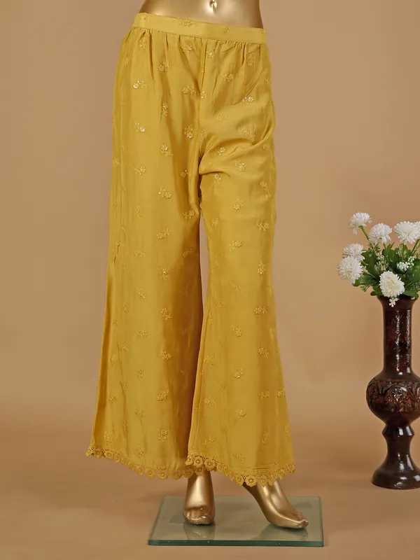 Mustard yellow silk printed kurti with palazzo