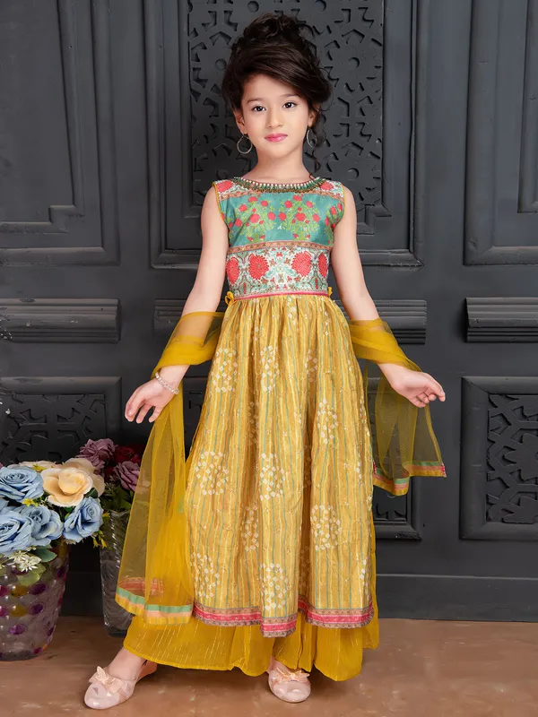 Mustard yellow silk printed palazzo suit