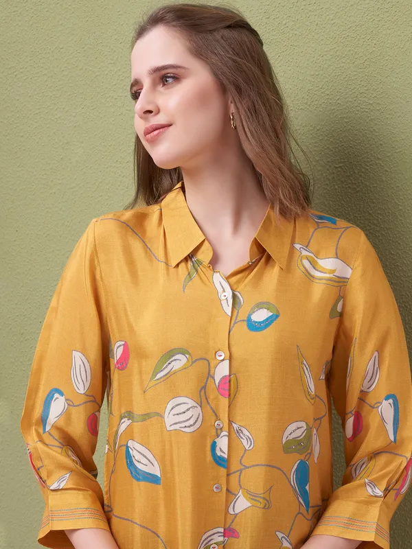Mustard yellow silk printed top