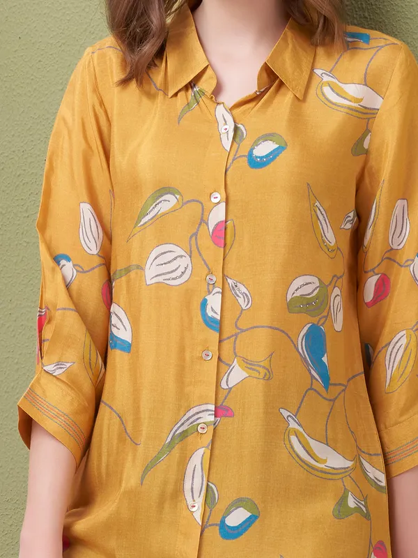 Mustard yellow silk printed top