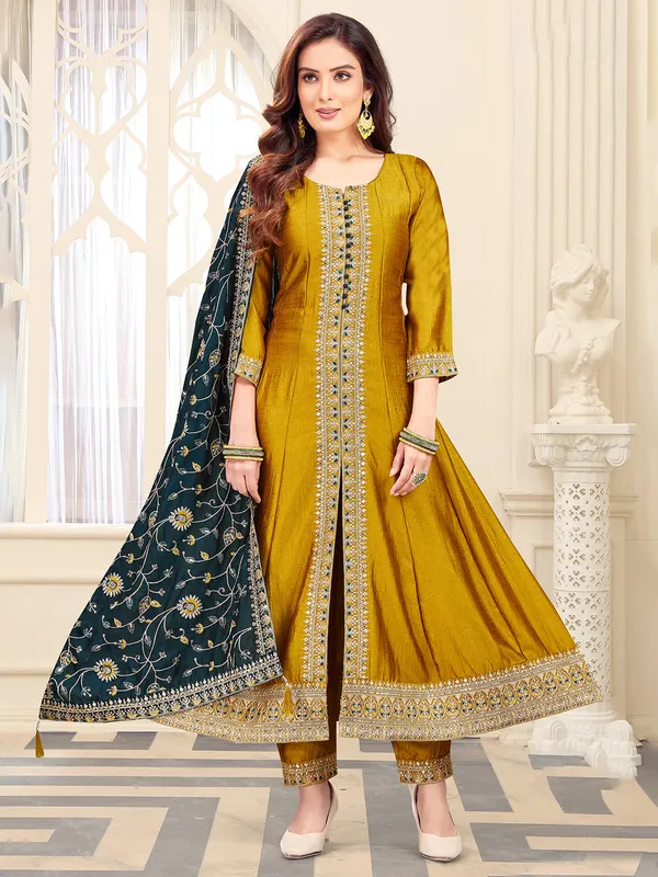 Mustard yellow silk salwar suit with pant