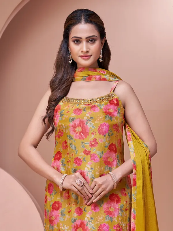 Mustard yellow silk salwar suit with print for women