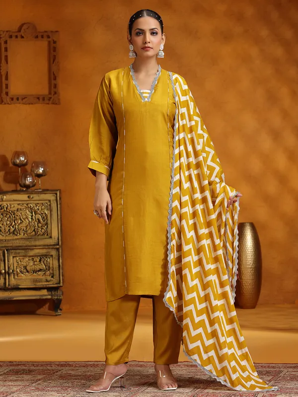 Mustard yellow silk salwar suit with printed dupatta for women