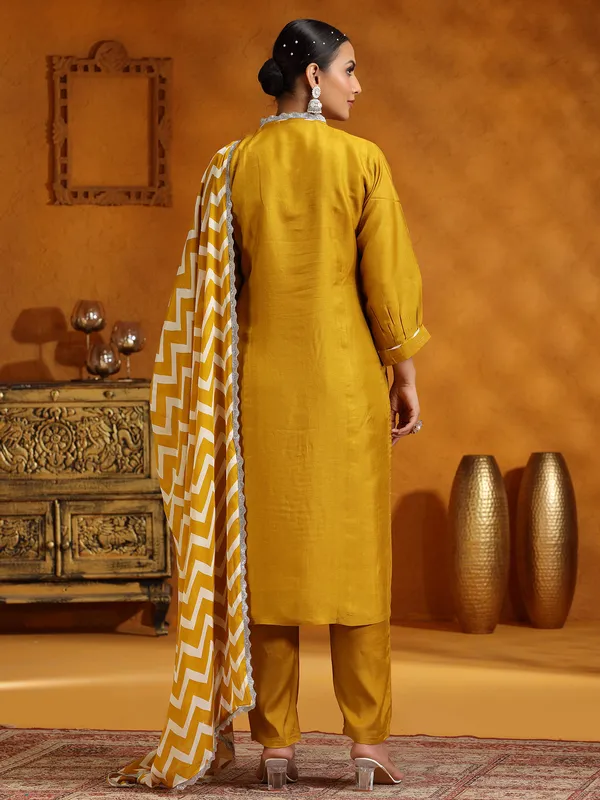 Mustard yellow silk salwar suit with printed dupatta for women
