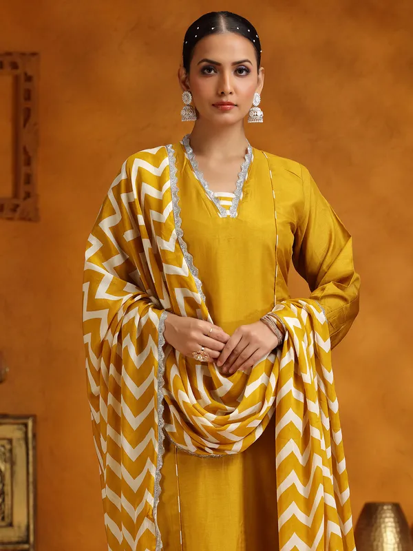Mustard yellow silk salwar suit with printed dupatta for women