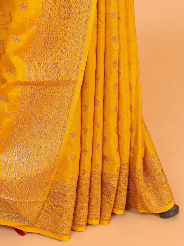 Mustard yellow silk saree with contrast blouse