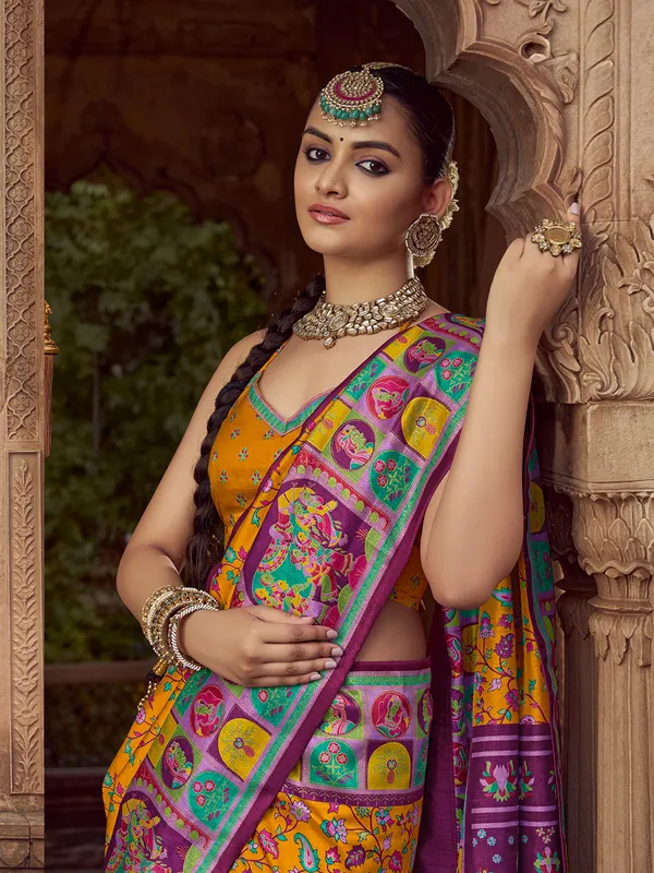 Mustard yellow silk saree with print