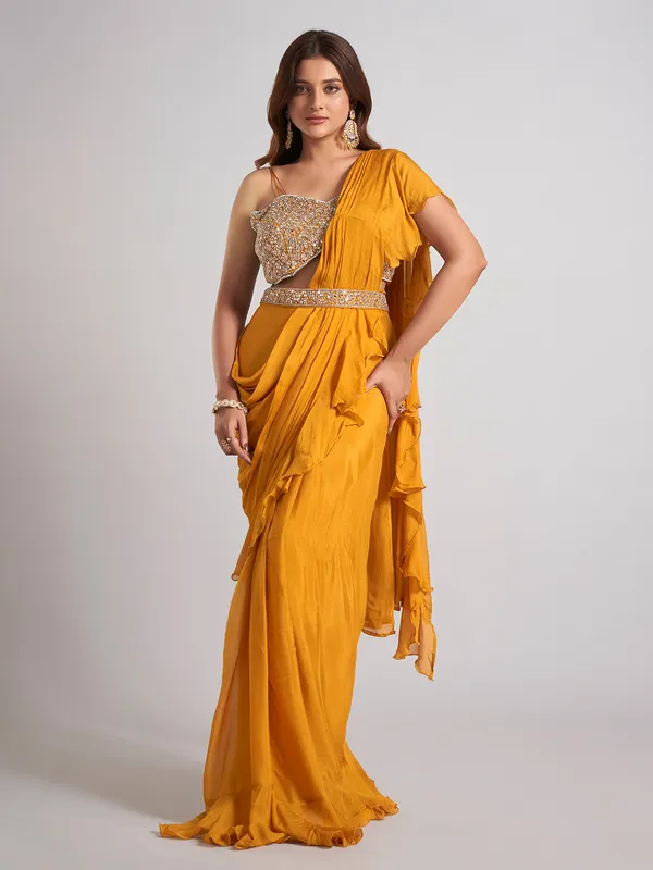 Mustard yellow silk saree with stone work