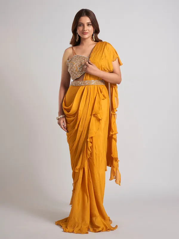 Mustard yellow silk saree with stone work