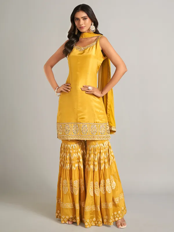 Mustard yellow silk sharara salwar suit for wedding