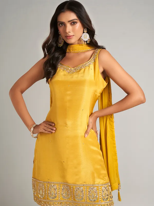Mustard yellow silk sharara salwar suit for wedding