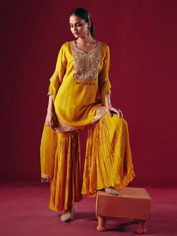 Mustard yellow silk sharara salwar suit for women