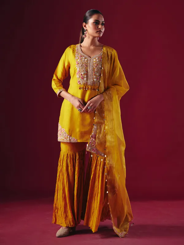 Mustard yellow silk sharara salwar suit for women