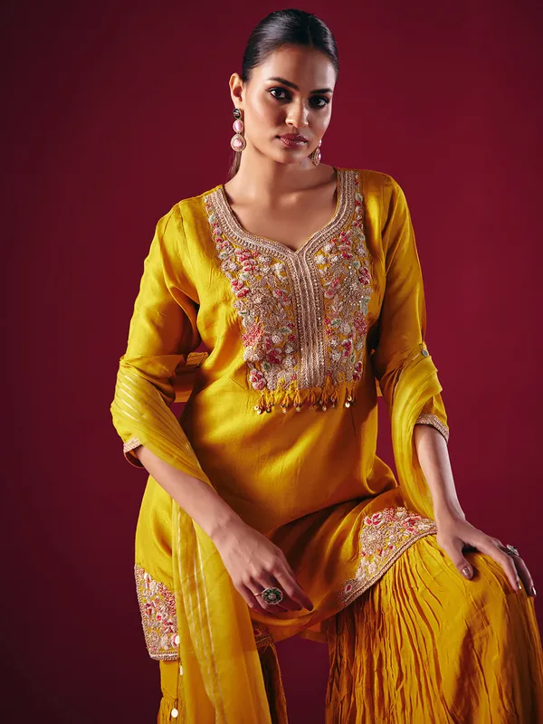 Mustard yellow silk sharara salwar suit for women