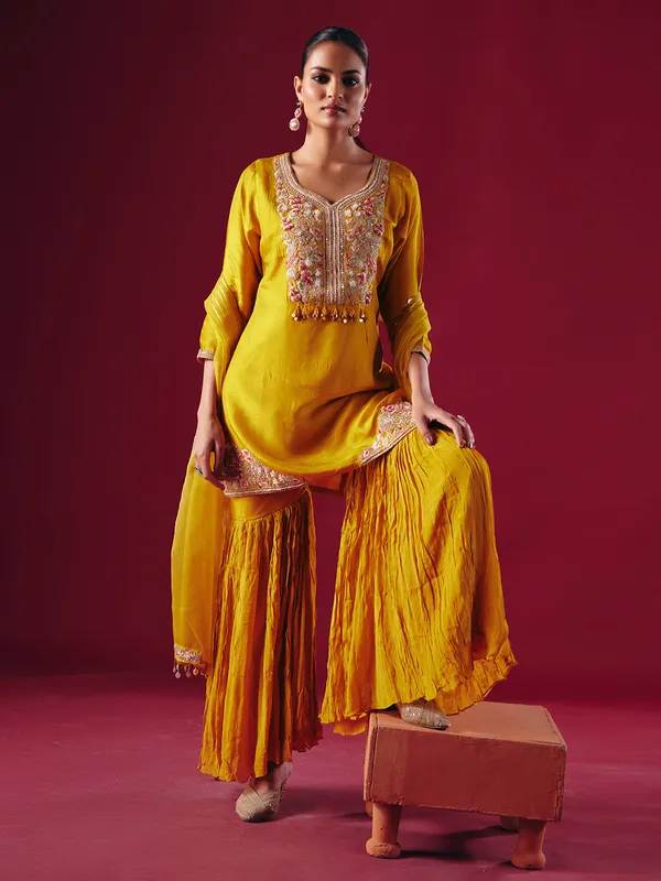 Mustard yellow silk sharara salwar suit for women