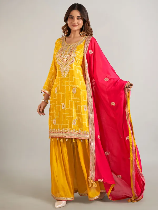 Mustard yellow silk sharara suit for women