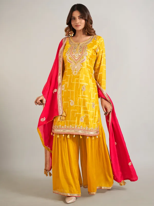 Mustard yellow silk sharara suit for women