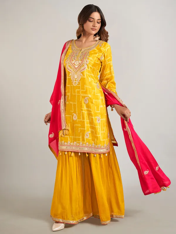 Mustard yellow silk sharara suit for women