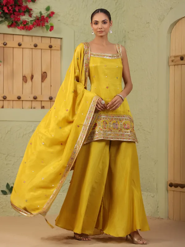 Mustard yellow silk sleeveless palazzo kurti outfit