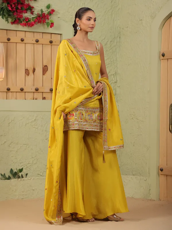 Mustard yellow silk sleeveless palazzo kurti outfit