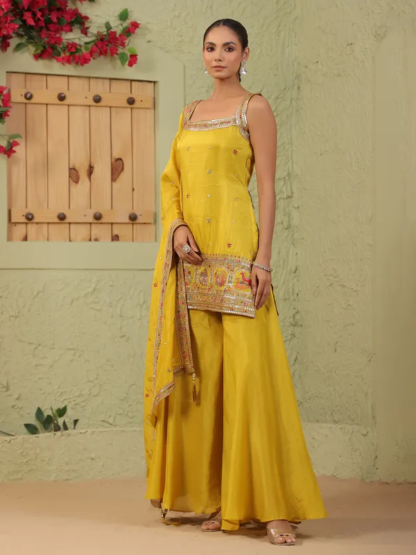 Mustard yellow silk sleeveless palazzo kurti outfit