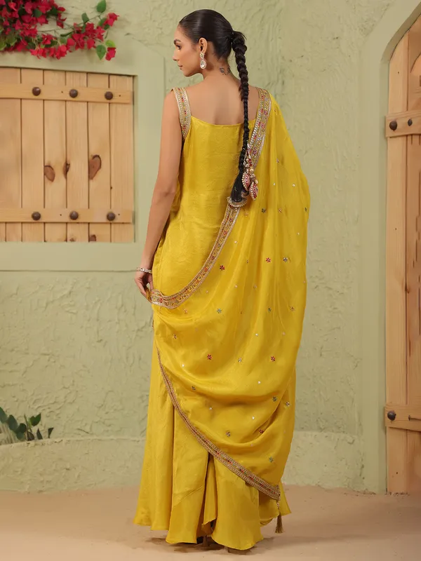 Mustard yellow silk sleeveless palazzo kurti outfit