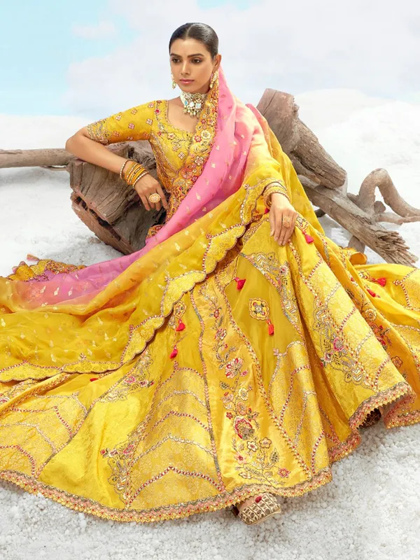 Mustard yellow silk unstitched lehenga choli