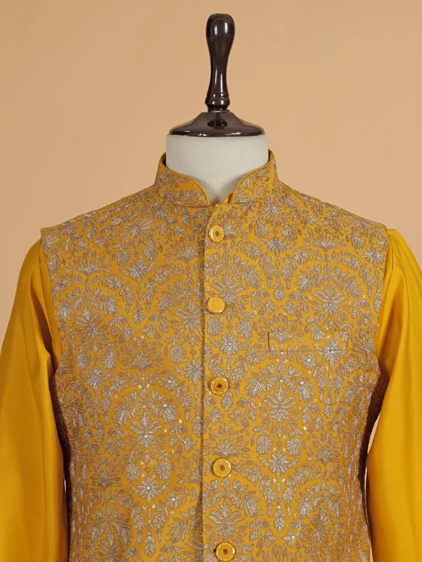 Mustard yellow silk waistcoat set for men
