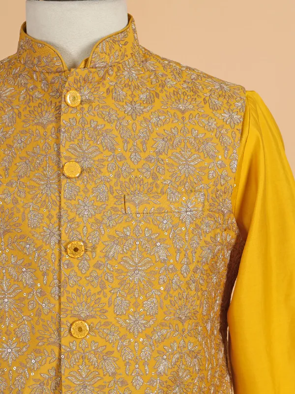 Mustard yellow silk waistcoat set for men