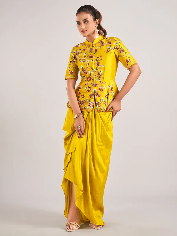 Mustard yellow silk wedding wear indowestern suit