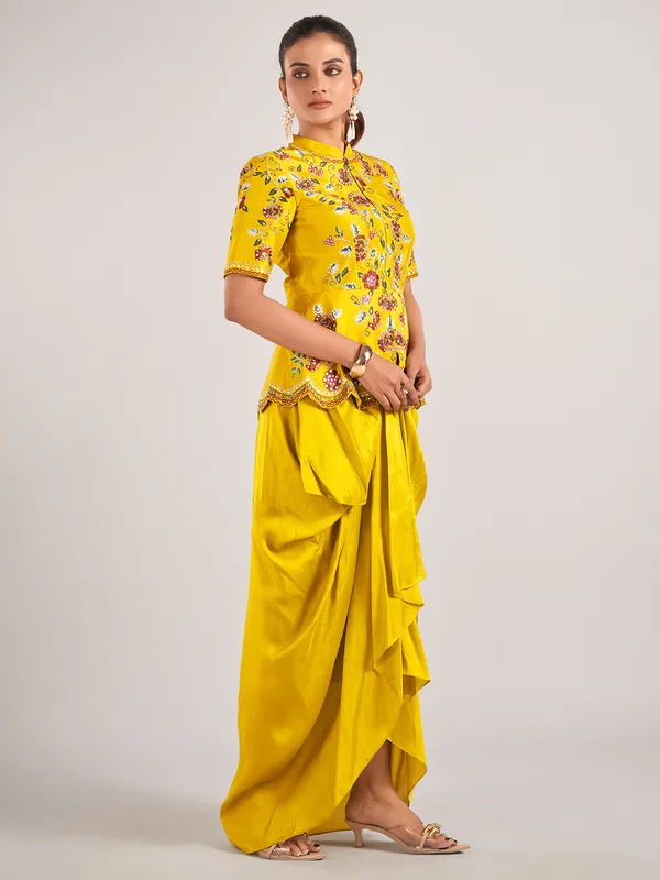 Mustard yellow silk wedding wear indowestern suit