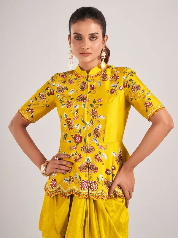 Mustard yellow silk wedding wear indowestern suit