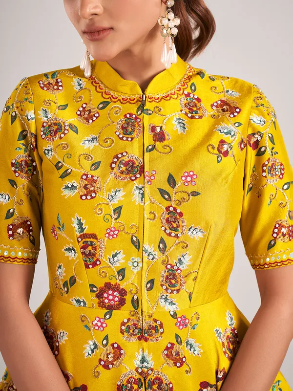 Mustard yellow silk wedding wear indowestern suit