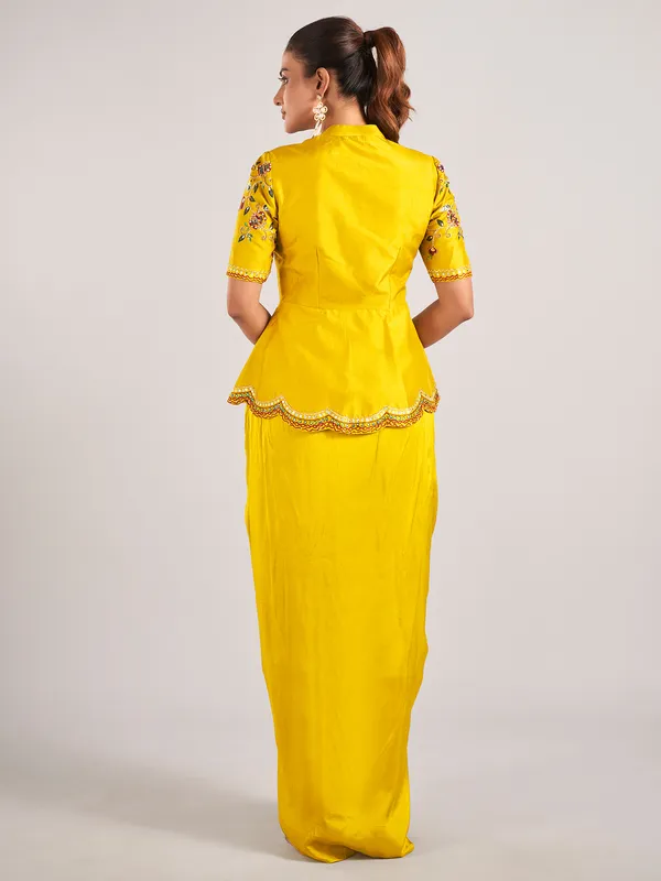 Mustard yellow silk wedding wear indowestern suit