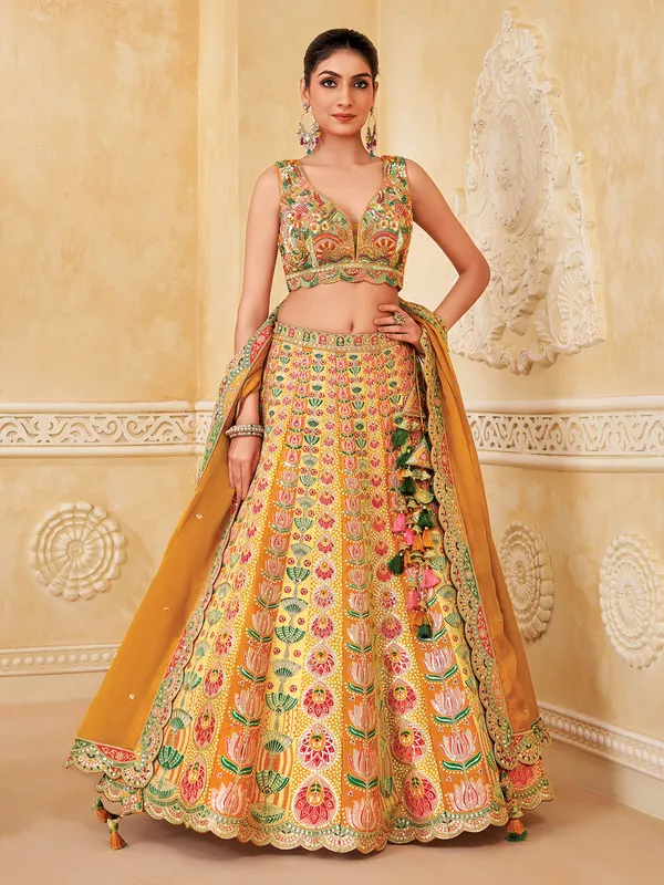 Mustard yellow silk wedding wear legenga choli