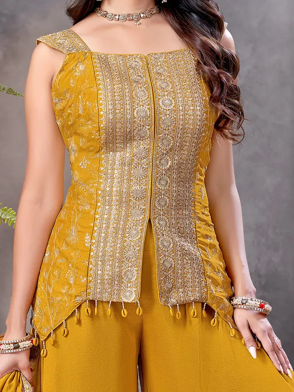 Mustard yellow silk zardosi palazzo salwar suit