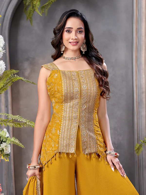 Mustard yellow silk zardosi palazzo salwar suit