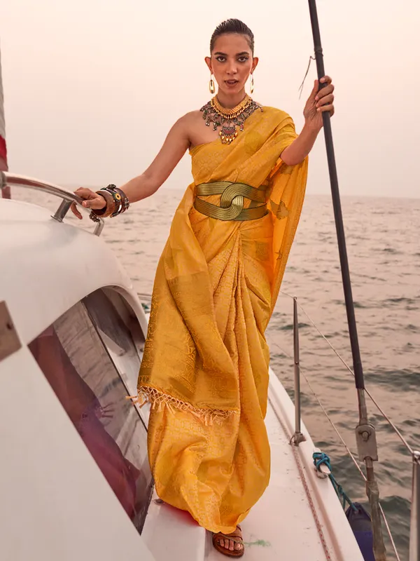 Mustard yellow silk zari weaving saree