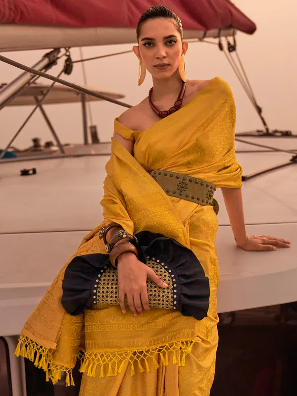 Mustard yellow silk zari weaving saree
