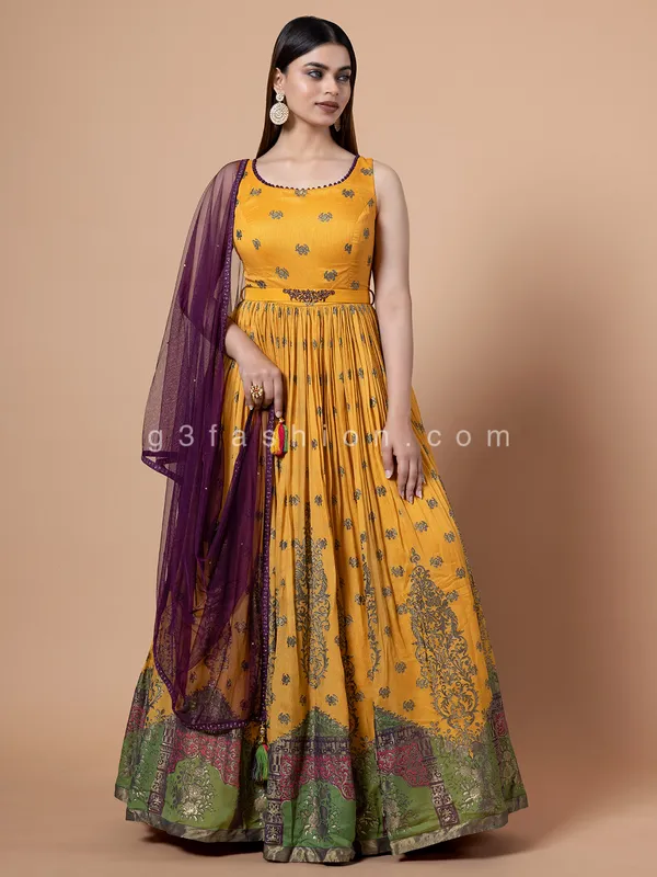 Mustard yellow silk zari work anarkali suit