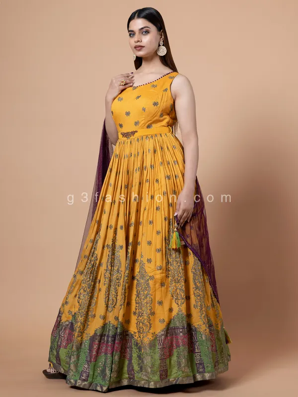 Mustard yellow silk zari work anarkali suit