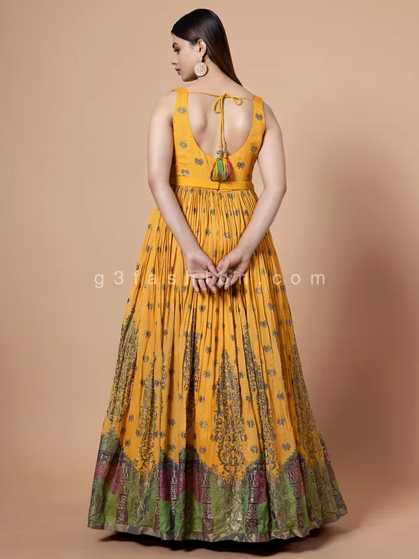 Mustard yellow silk zari work anarkali suit