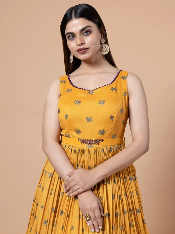 Mustard yellow silk zari work anarkali suit