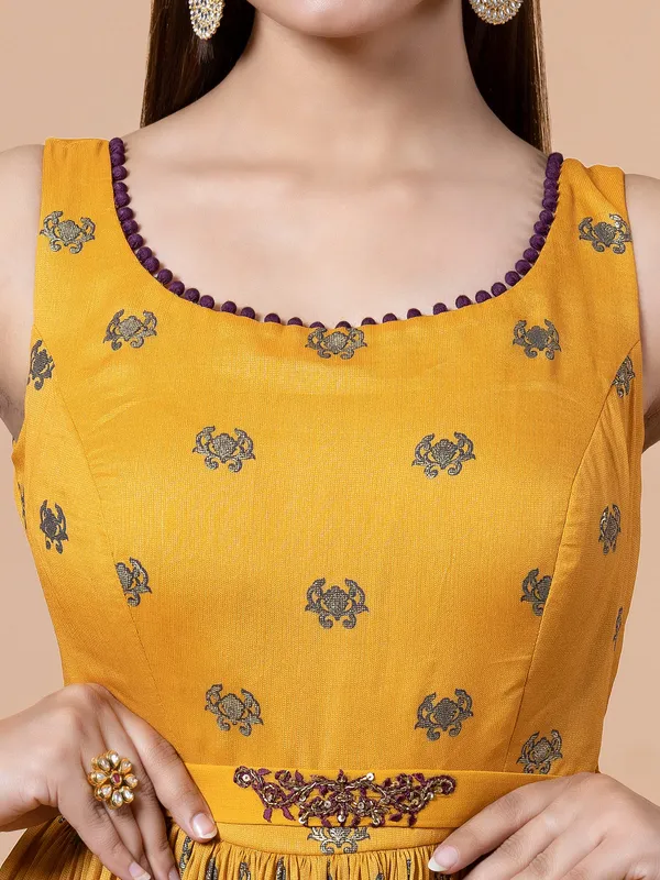 Mustard yellow silk zari work anarkali suit